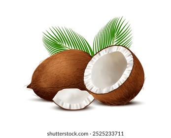 Conjunto realista 3D de coco inteiro, metades de coco e folhas de palma sobre fundo branco.