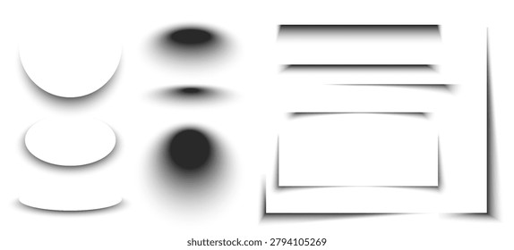  3d realistic shadow effects collection with soft blur overlay, abstract vector set isolated on white background. Mockup pack of drop shadows, circles, and gradient shapes for modern design