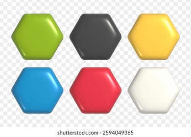 3d realistic shapes set. Colorful hexagonal buttons for UI UX design or mock-up template. 