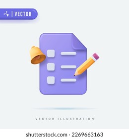 3D Realistic A Sheet of Paper with Pencil and Bell Vector Illustration. Task and Deadline Concept 