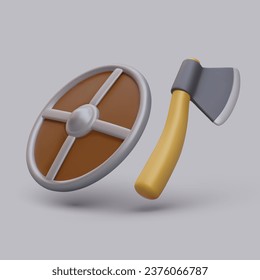3d hacha de blindaje realista para juego de ordenador en línea. Juego de caballeros, defensa y concepto de batalla. Instrumento de tala y protección. Ilustración del vector