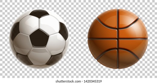 3d realistic shiny basketball and football soccer championship Design banner. Illustration banner with logo classic Realistic basketball and football soccer balls Isolated on transparent background