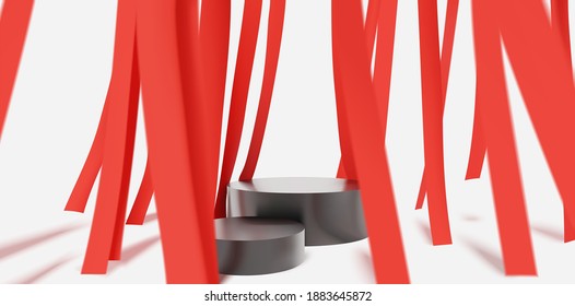 3d realistic shiny podium for product presentation with falling decorative red cloth banner. stylish minimal white and red stage platform vector mockup