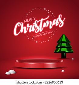 3D realistic shiny round podium display with festive ornament and neon texts on red background for Christmas and New Year. Vector illustration.