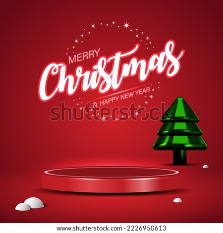 3D realistic shiny round podium display with festive ornament and neon texts on red background for Christmas and New Year. Vector illustration.