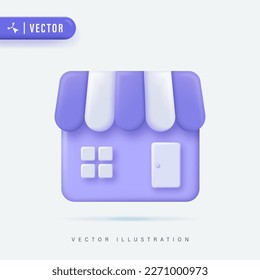 Ilustración del vector de iconos de construcción de tiendas realistas en 3D. Vista frontal del logotipo de la tienda