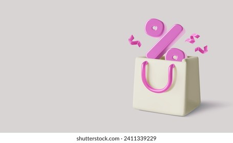 Bolsa de compra realista en 3D, signo de morado por ciento y confeti. Banner de venta y descuento de vacaciones de primavera con espacio para copiar. Fondo de venta vectorial tridimensional.