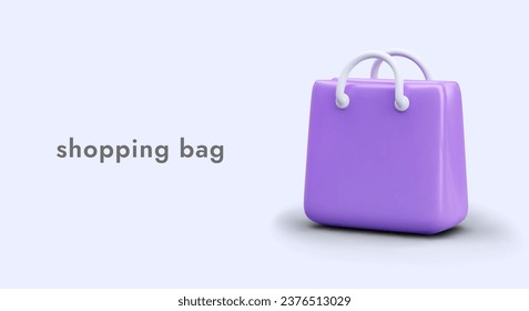 3.ª bolsa de compra realista. Es hora de comprar en línea y fuera de línea. Afiche con bolsa morada para comprar en tienda con sombra. Ilustración vectorial en colores púrpura