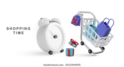 3d tienda de banner de compra realista, carrito, regalos, bolsas de mercado con estilo. Ilustración vectorial.