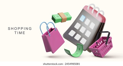 3d realistic Shopping time on white background. Vector illustration.