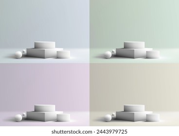 3D realistic showcasing clean podium stand with group white balls, elegantly placed in a pastels colors studio room background. Vector illustration 