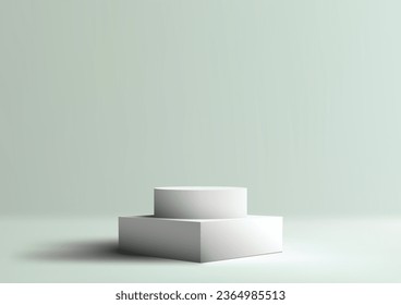 3D realistic showcasing on a clean white podium stand, elegantly placed in a soft green studio room background. With its minimalistic approach and creative use of space. vector illustration 