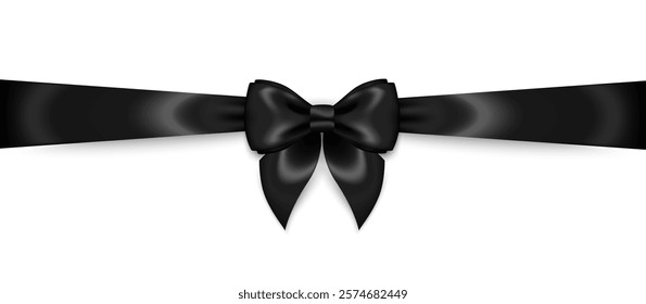 3d realistic silk black ribbon bow isolated on white background. Gift Card with Place for Text. Vector Illustration. Invitation Decorative Template, Voucher Design. Black Friday poster, sale banner
