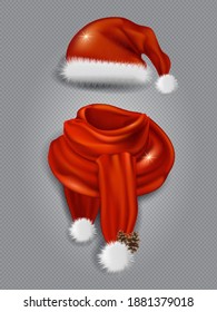 3d realistic silk red scarf, santa claus hat with white fur. Merry Christmas, New Year's accessories to decorate the winter Christmas celebration. Vector illustration