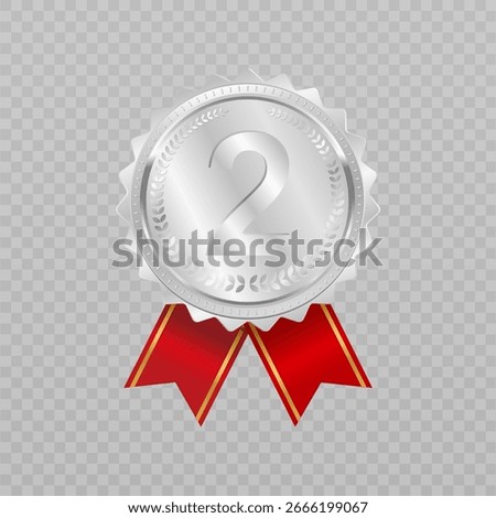 3D realistic silver awards with transparent background. Second place blank medals