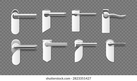 3D realistic silver door handles with hanger various designs vector icons set. Hotel room door fixtures with hanging tag white blank. Chrome knob with privacy sign, do not disturb label, room service