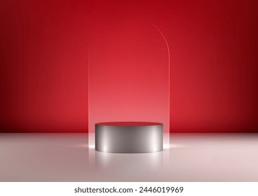 3D realistic silver metallic podium with glass transparent backdrop on the white floor and red wall background, luxury concept, product display, mockup, showroom, showcase. Vector illustration