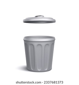 3d realistic silver open trash can isolated on white background. Vector illustration