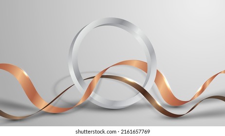3D realistic silver ring with golden ribbon elements on white background luxury style. Vector illustration