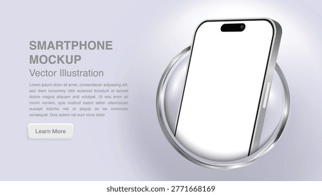3D Realistic Silver Smartphone Mockup with Metallic Ring, Angled Mobile Phone Screen Template with Glossy Reflection and Shadow, Premium Device Presentation Vector