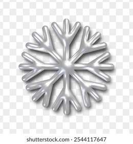 3d realistic silver snowflake. Metallic chrome Christmas decoration isolated on transparent background.	