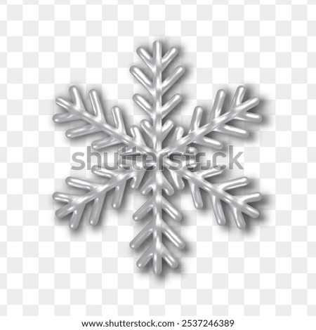 3d realistic silver snowflake. Metallic Christmas decoration isolated on transparent background.