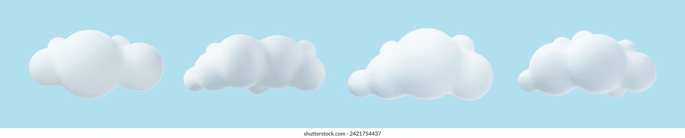 3d realistic simple clouds set isolated on blue background. Render soft round cartoon fluffy clouds icon in the sky. Vector illustration