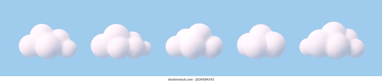 Nuvens simples 3d realistas definidas isoladas no fundo azul. Renderizar desenho animado redondo macio ícone nuvens fofo no céu. Ilustração vetorial
