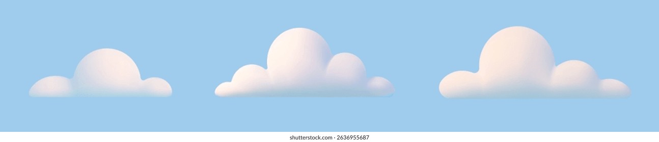 3d realistic simple clouds set isolated on blue background. Render soft round cartoon fluffy clouds icon in the sky. Vector illustration