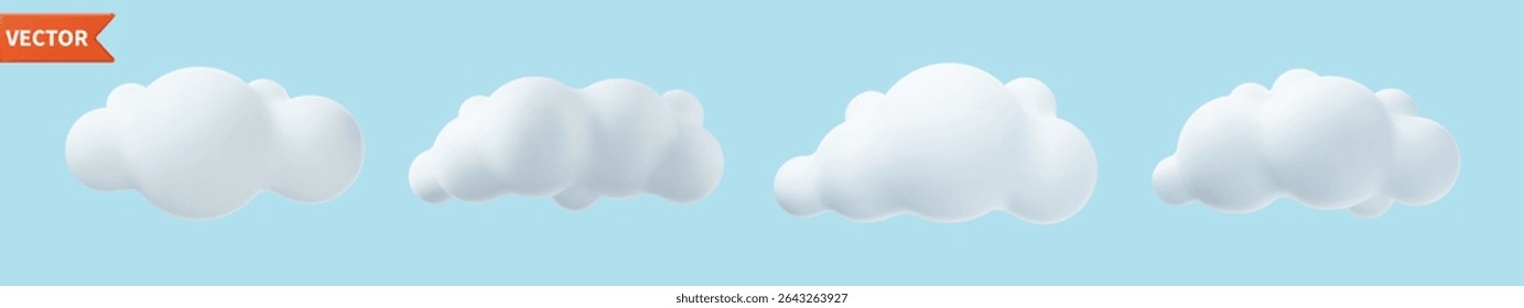 Nuvens simples 3d realistas definidas isoladas no fundo azul. Renderizar desenho animado redondo macio ícone nuvens fofo no céu. Ilustração vetorial