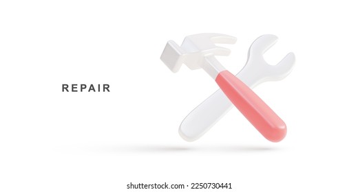 3d realistic Simple repair icon with hammer and wrench. Vector illustration.