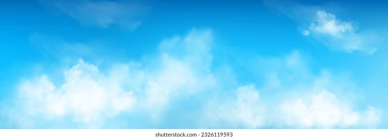 3d realistic sky background with fluffy cloud vector texture. Blue air pattern with white abstract cloudy meteorology smoky environment. Beautiful natural cloudscape with sunshine panoramic banner