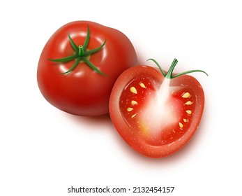 3D Realistic Sliced Half Tomato Isolated On White Background. EPS10 Vector