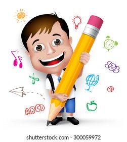 3D Realistic Smart Kid School Boy Wearing Uniform And Backpack Writing Creative Ideas With Big Pencil Isolated In White Background. Vector Illustration