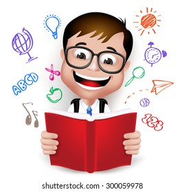 3D Realistic Smart Kid School Boy Wearing Uniform and Backpack Reading Book of Creative Ideas Isolated in White Background. Vector Illustration