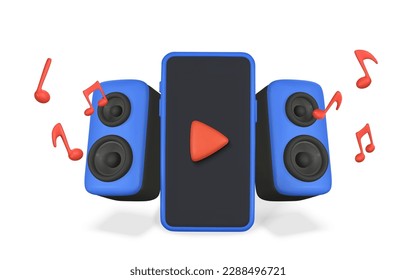 3d altavoz de audio y smartphone realista con notas musicales al estilo de dibujos animados plásticos. Ilustración vectorial.