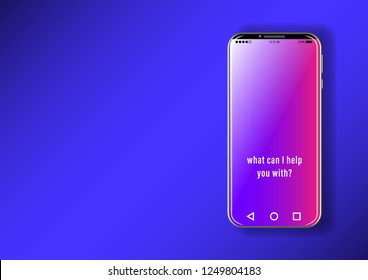 3d Realistic smartphone with the inscription what can i help you with,  on blue background A4 format. Vector Illustration