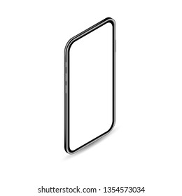 3d realistic smartphone mockup design on white background. Modern mobile phone template with blank touchscreen. Design element for banner, poster or promotion.  Isometric view. Vector illustration