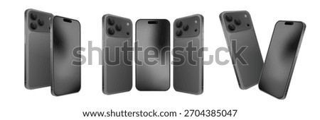 3D Realistic Smartphone Mockup – Grey Mobile Phone Front, Back and Side View with Triple Camera | Vector Isometric Device Illustration