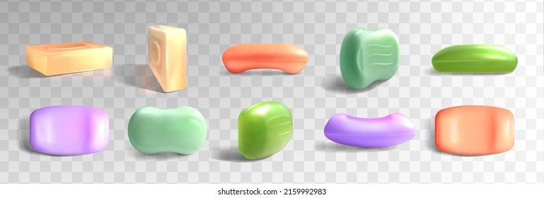 3d realistic soap bars different shapes, colors. Cosmetic product for hygienic cleanser skincare mock up top and side view isolated on transparent background. Hygiene toiletries for washing hands.