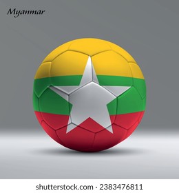 3d realistic soccer ball iwith flag of Myanmar on studio background, Football banner template