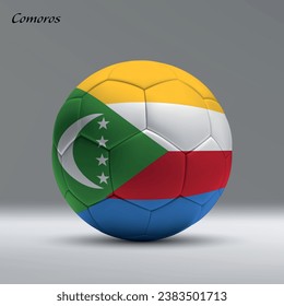 3d realistic soccer ball iwith flag of Comoros on studio background, Football banner template
