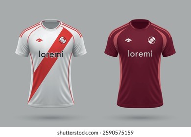 3d realistic soccer home and away jersey in River Plate style, football kit template 2025