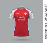 3d realistic soccer jersey in Arsenal style, football shirt template 2024