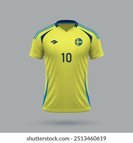 3D realistisches Fußballtrikot Schweden Nationalmannschaft, Hemd Vorlage für Fußball-Kit 2024