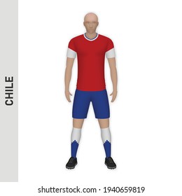 3D realistic soccer player mockup. Chile Football Team Kit template design