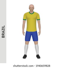 3D realistic soccer player mockup. Brazil Football Team Kit template design