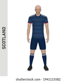 3D Realistic Soccer Player Mockup. Scotland Football Team Kit Template Design