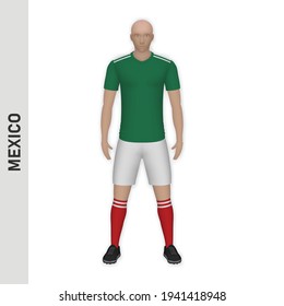 3D realistic soccer player mockup. Mexico Football Team Kit template design