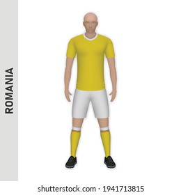 3D Realistic Soccer Player Mockup. Romania Football Team Kit Template Design